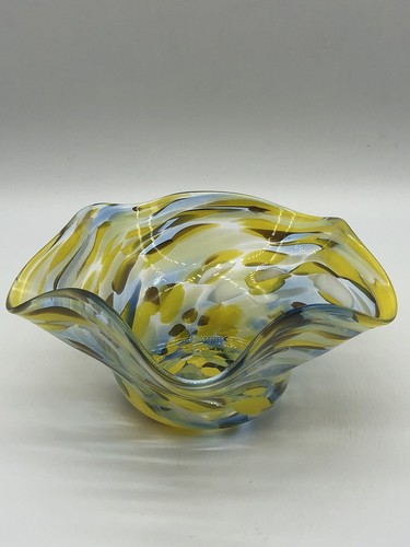 Vetro Kunst Glas Schale blau gelb Wirbel Konfetti 7,75" - Bild 12 von 14
