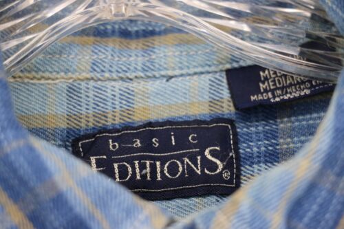 Basic Editions Vintage Mens Button Down Denim Check Shirt Size Medium Blue - Picture 3 of 5