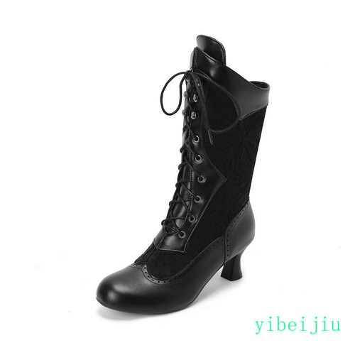 Women's Mid Calf Kitten Heel Ankle Boots Lace Up Leather Shoes Leather Vintage - Picture 25 of 30
