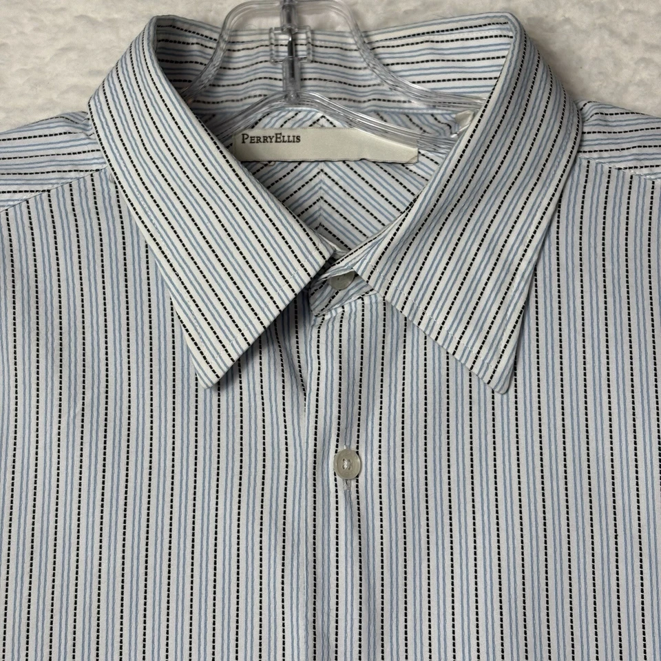 Vintage PERRY ELLIS Men's White Blue Black Striped French Cuff Dress Shirt XXL - Image 2 of 4