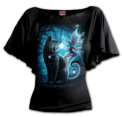 KATZE FEE U-BOOT-AUSSCHNITT FLEDERMAUSÄRMEL TEE T-SHIRT TOP VON SPIRAL SCHWARZ BLAU KÄTZCHEN GOTH