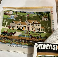 Vintage Nearly Finished Needlepoint Canvas 17.75 X 13.75 Outdoor Scene