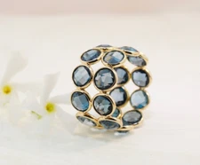 Blue Topaz Round Checker Cut Double Row Bezel Ring 14K Gold Plated Silver Ring