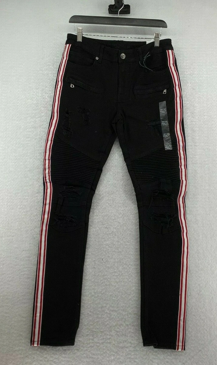 Rue 21 Mens Distressed Pink Stripes On Sides Black Skinny Jeans