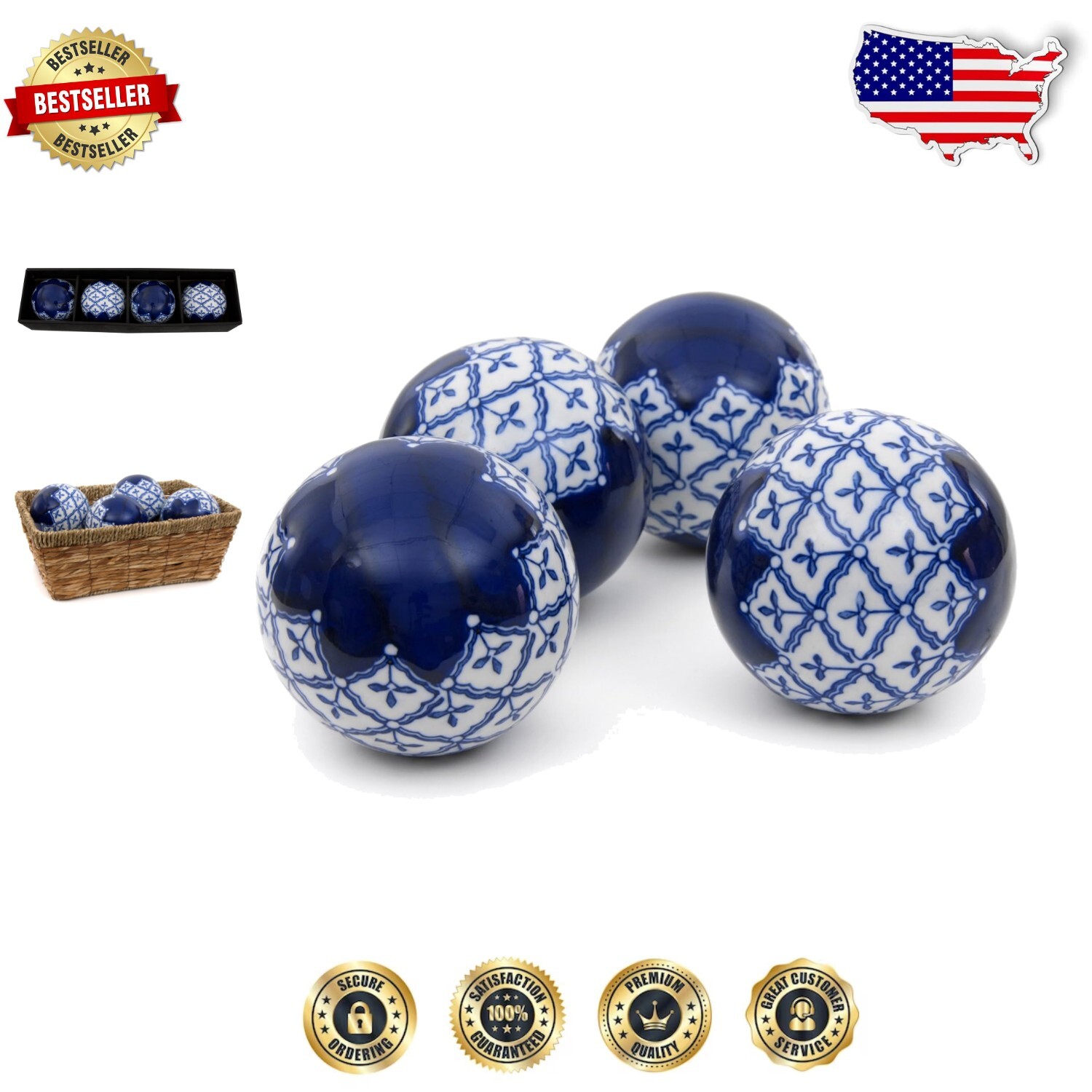 Charming 4-Inch Blue and White Porcelain Decorative Balls Set of 4 for Home Décor