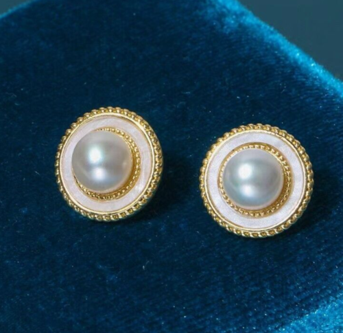 Natural 8.5mm Pearl Halo Stud Earrings 14k Yellow Gold Over 925 Silver