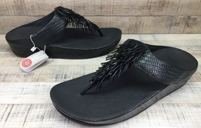 NEW~ FitFlop Cha Cha Black Patent Beaded Fringe Toe Post Sandals Women's sz 11 | eBay
