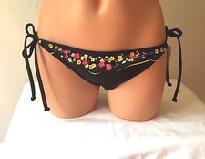 NWT Hobie Hipster Bikini Swimsuit Bottom Black Side Tie Embroidered Flowers XL