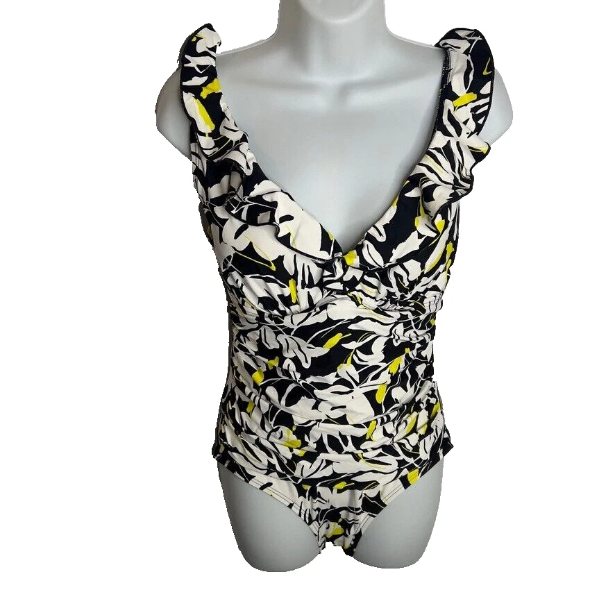 Dkny $80 Women's Ruffle Neck One-Piece Swimsuit Size M Black Multi - Image 2 of 4