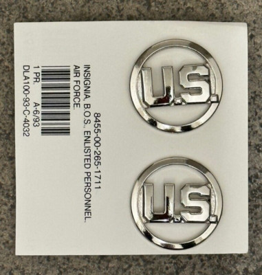 (Pair) NOS US AIR FORCE Enlisted Personnel Collar Insignia Mirror Finished, T-74