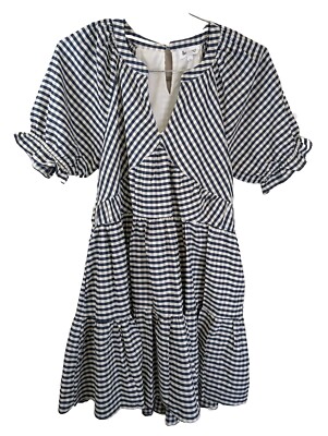& Merci Womens V Neck Layered Tiered Babydoll Midi Lg Dress Blue White Gingham 