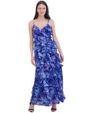 $268 Eliza J Women's Ruffled Floral-Print Sleeveless Chiffon Gown, Blue, SIZE-8