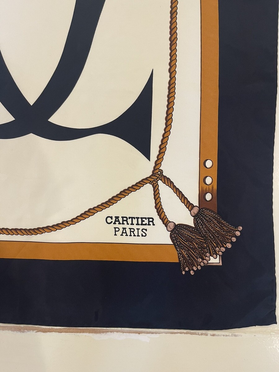 used vintage Cartier 大判　スカーフ Vintage Cartier Scarf Women 100% Silk Logo Border Paris