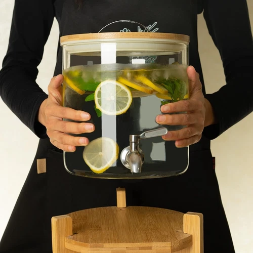 l‘ÉPICÉA Glass Drink Dispenser Wood Stand Cold Beverage Jar Spigot 5L 1/2 Gallon