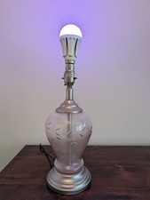 Vintage Glass table Lamp etched leaves with pink overtones 13" high working