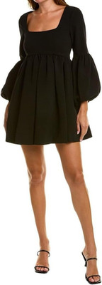 NWT- CINQ À SEPT 'Dorina' Scoop-Neck Balloon-Sleeve Crepe Mini-Dress, Black - 2