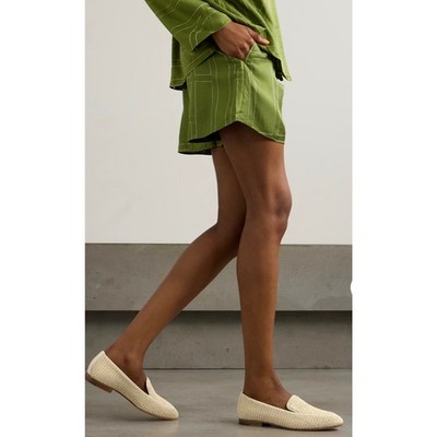 Manolo Blahnik Pitakara Leather Trim Raffia Loafers in Light Khaki / Cream 36.5