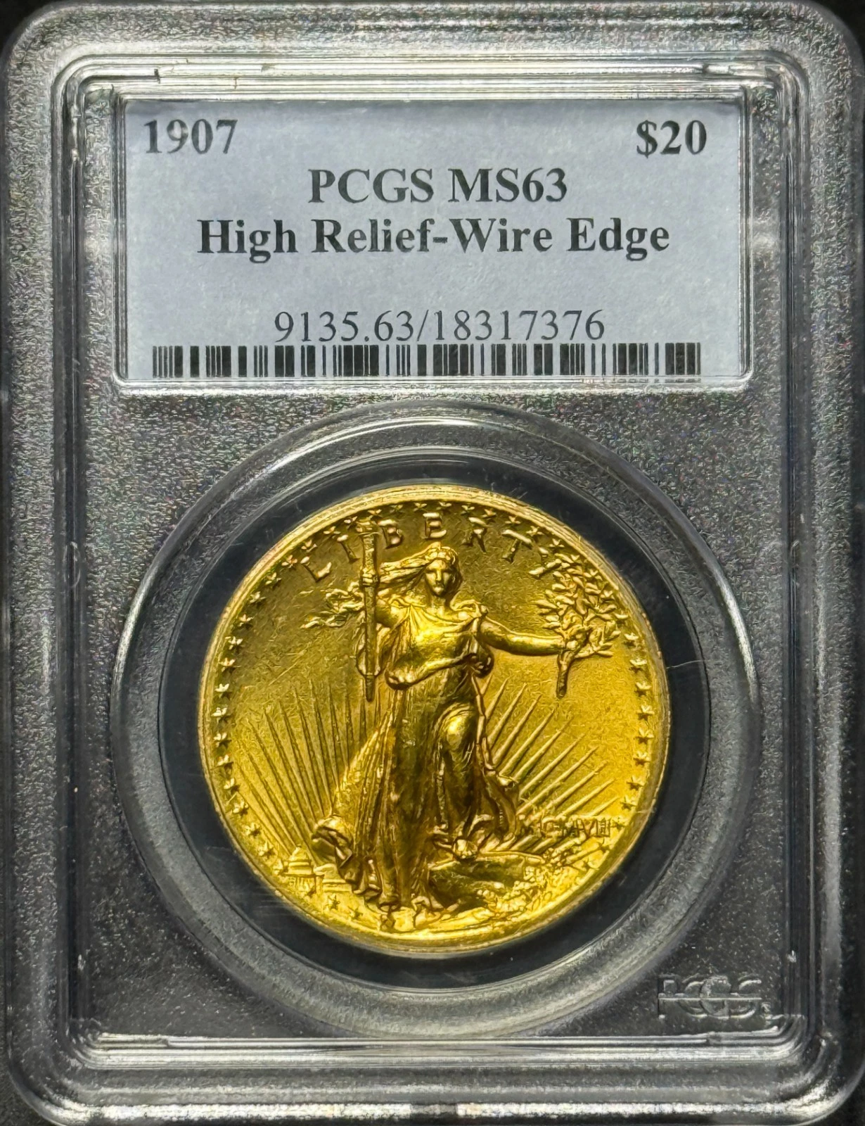1907 $20 St Gaudens Gold High Relief Wire Edge MS-63 PCGS