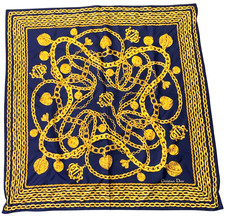 Auth Christian Dior Chain All-over Pattern Navy Yellow Silk Scarf i100135