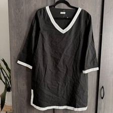 Community Made Shift Dress Women Size M Black White Linen V-Neck 3/4 Sleeve