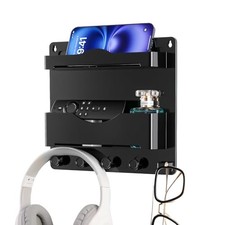 Bedside Wall Shelf with Glasses Hooks Adhesive Bedside Organizer Wall Black