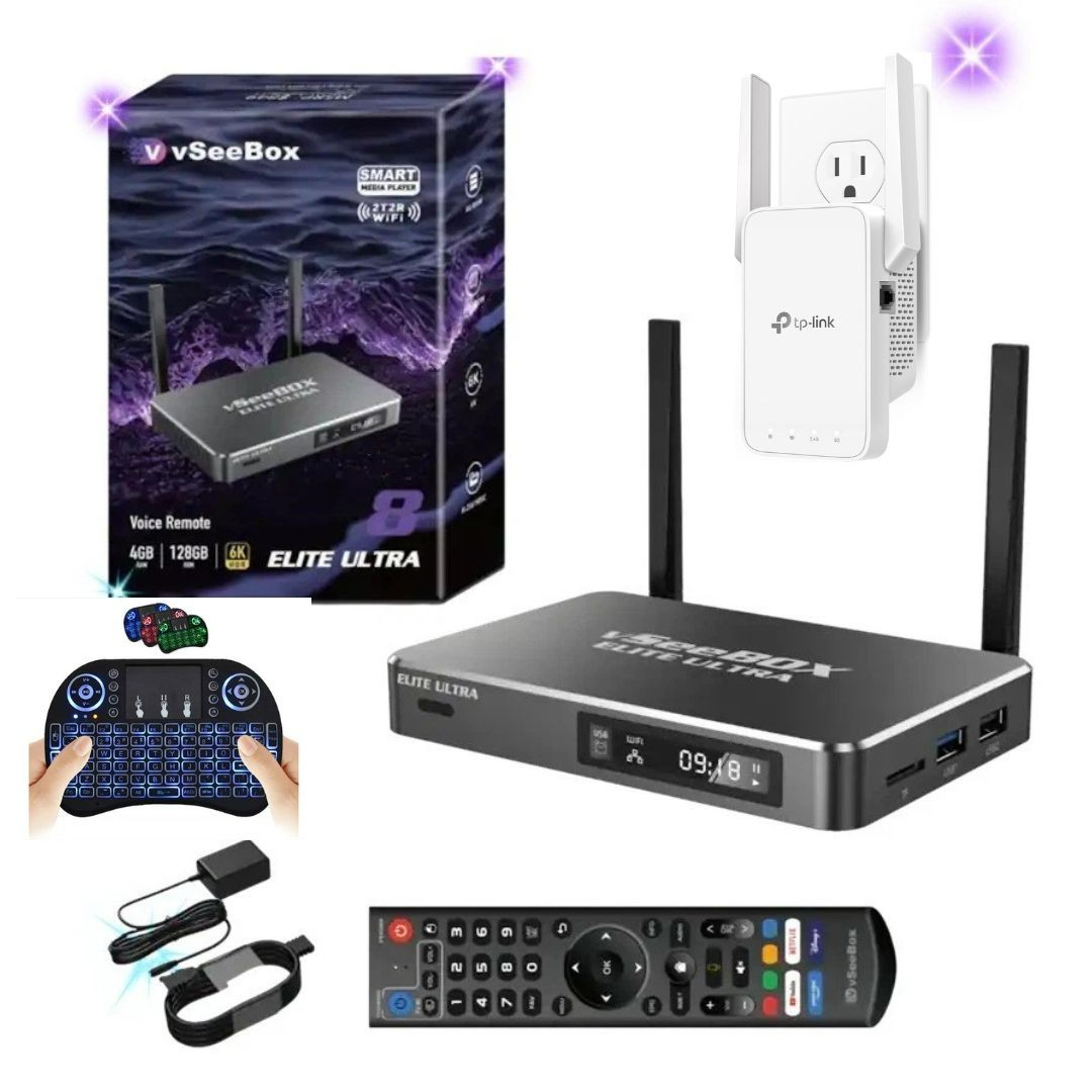Newest VseeBOX ELITE ULTRA 8 Android TV BOX  (Wifi Extender + Keyboard Included)