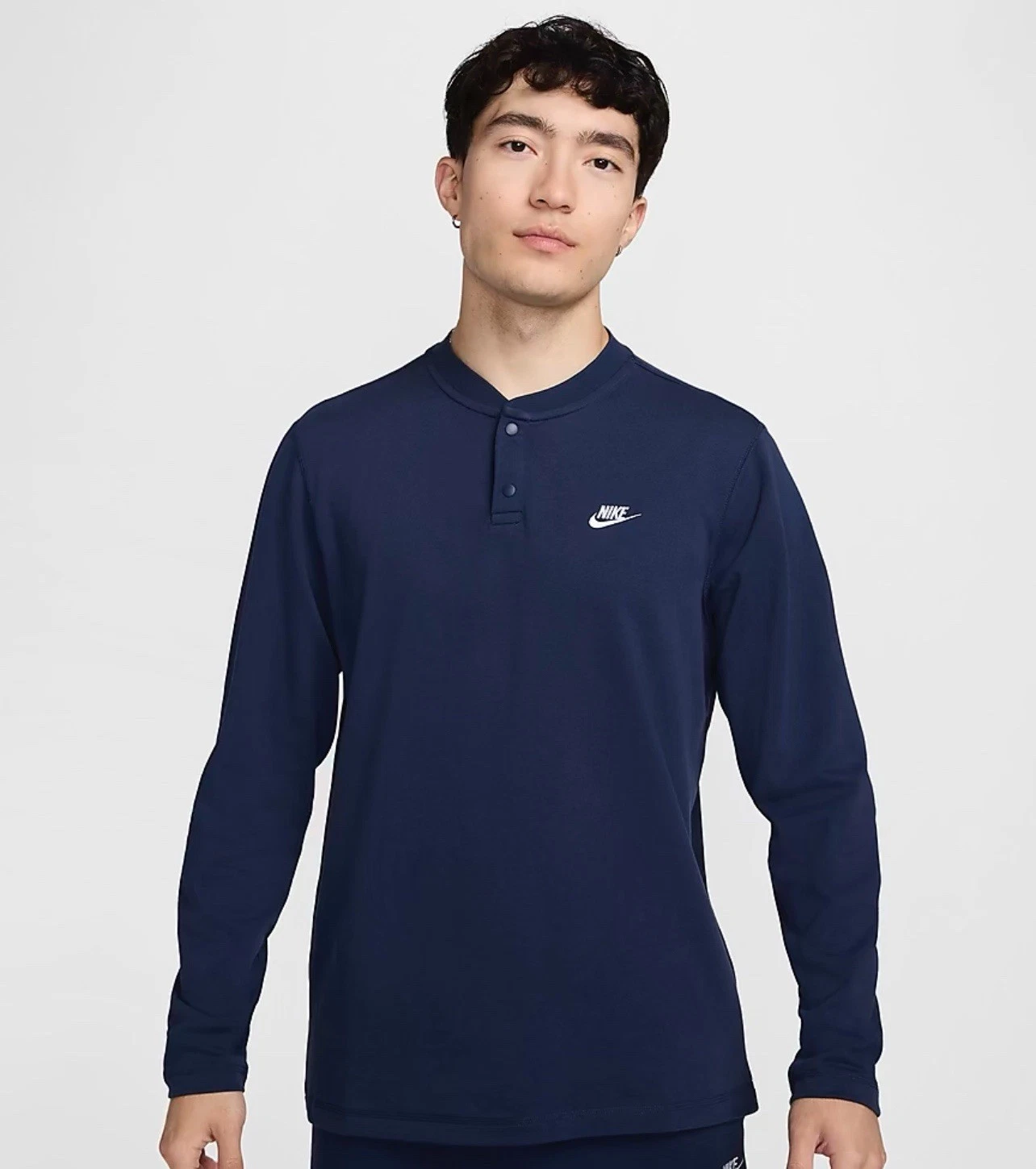 Nike Men's Medium Club Fleece Blue Long Sleeve Henley Shirt FZ6630-410 NEW