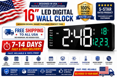 Modern 16'' Large LED Digital Wall Clock Creative Home Decor Remote Smart Alarm