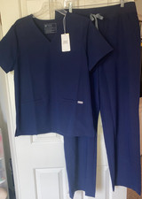 FIGS Scrub Set Large Casma Top XLT Isabel High Waist Wide Leg Pants Navy Blue