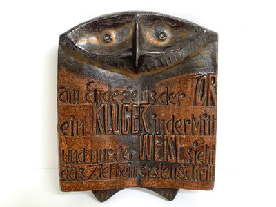 Signed C+B Vintage Germany Brutalist Pottery Owl Relief Wall Art Plaque Dish