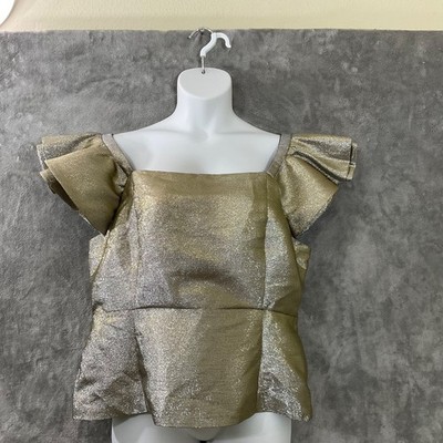 Cache Cocktail Party Blouse women s Size XL Gold metallic peplum hem Lined