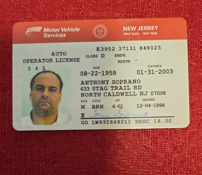New Jersey MVS Auto Operator License Prop Card - Anthony Soprano .Novelty