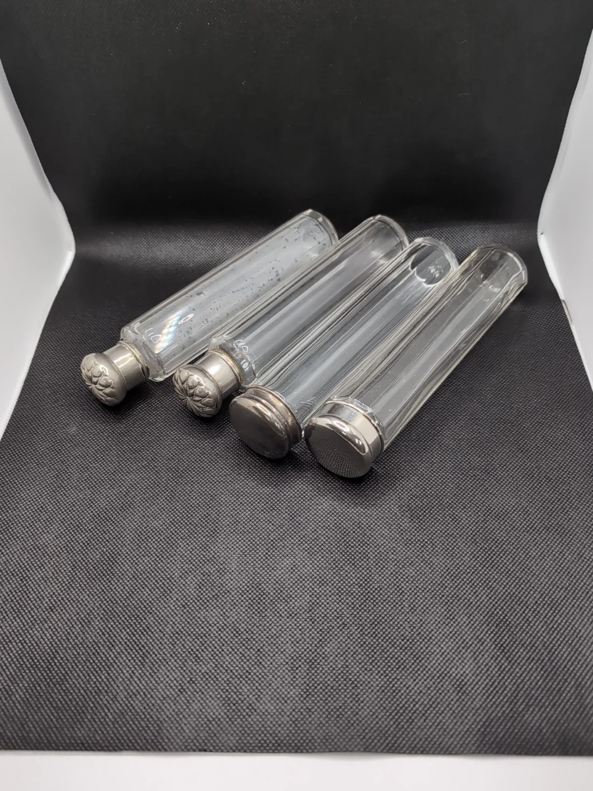 4 silver Coloured top glass dresser jars Bottles Lids Screw / Push Top job lot
