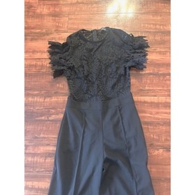 AKIRA Black Lace Top Ruffled Sleeves Solid wide leg bottoms Party Jumpsuit Large