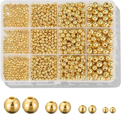 1100 Pcs Gold Beads Smooth round Beads 3/4/6/8Mm Gold Spacer Loose Ball Bead Kit