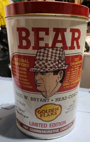 1981 Alabama Golden Flake Commemorative Canister Bear Bryant Limited Edition - Picture 1 of 6
