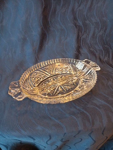 Oval Divided Clear Pressed Cut Glass Relish Candy Dish with Handles 10” Vintage