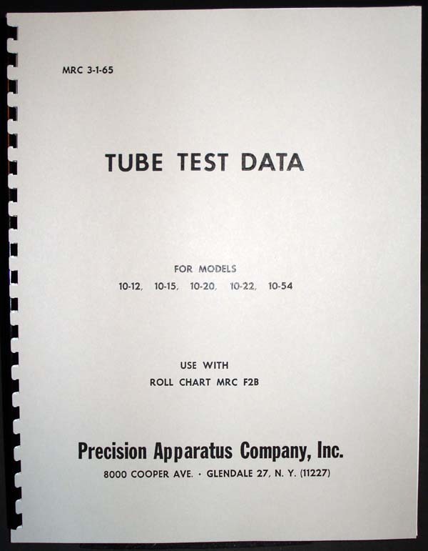 Precision Tube Test Data for 10-12 10-15 10-20 10-22 10-54 Tube Testers  