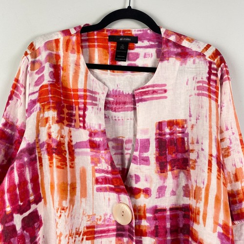 Ali Miles Linen Jacket Size 1X Tulip 3/4 Sleeves Multicolor Single Button - Picture 2 of 11