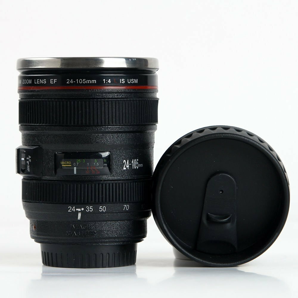Camera Lens Cup 24-105 Coffee Tea Travel Mug Stainless Steel Thermos & Lens Lid