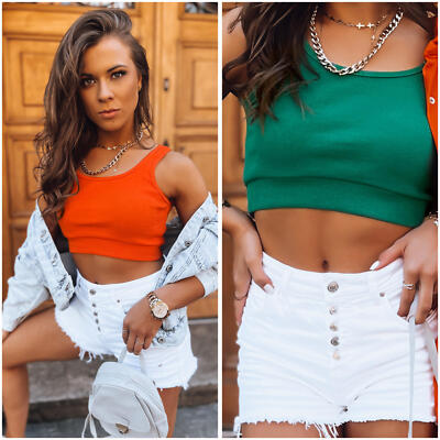 Damen Top Bluse Kurzarm Träger Slim Runder Ausschnitt Gerippt Kurz Top DSTREET