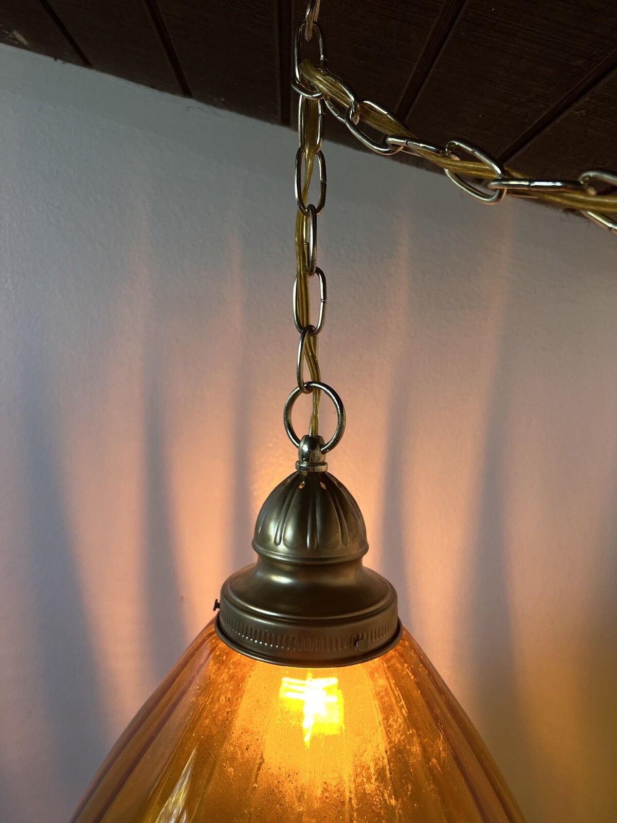 VINTAGE AMBER SWAG LAMP MID CENTURY GLASS CHANDELIER LIGHT FIXTURE