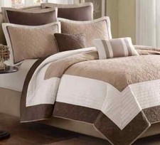 MADISON PARK ATTINGHAM 7 PCS FULL/QUEEN COVERLET SET COLOR BEIGE NEW