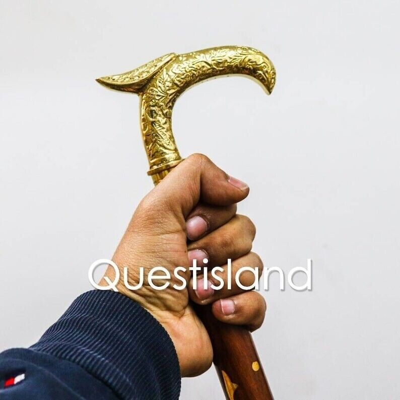 Engraved Solid Brass Eagle Head handle Wooden Wal… - image 10