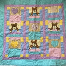 Hand made baby quilt 40X44  Blue pink Purple Yellow Brown BL3