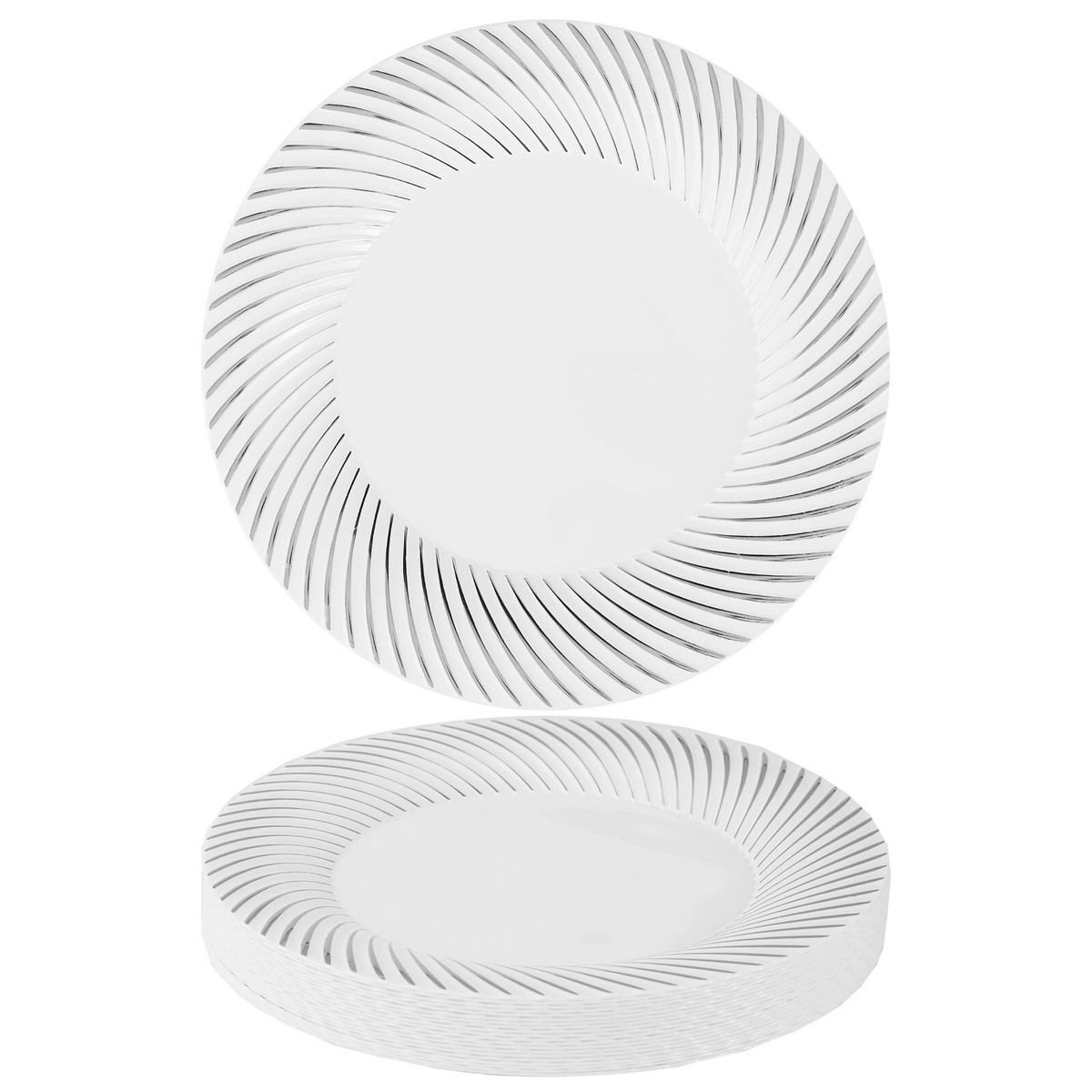 MATANA 20 Premium White Reusable Plastic Dinner Plates Silver Rim 