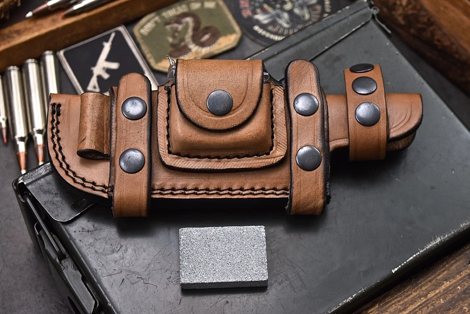 CFK ALTA CALIDAD Hecho a Mano Cuero MARRÓN Horizontal 6 Pulgadas Cuchillo Scout Funda Set Foto 3 de 4