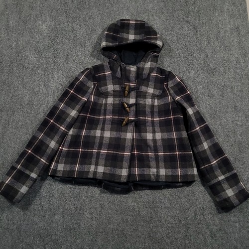 Abercrombie And Fitch Wool Blend Hooded Coat Womens Medium Crop Plaid Toggle