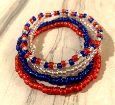 4th of July Patriotic Glass Seed Bead Stretch Bracelet Set of 4 Red White  Blue