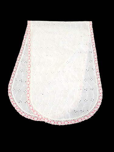 Vintage Dresser Scarf White Cotton Eyelet Lace Pink White Crochet Trim 27"x12"